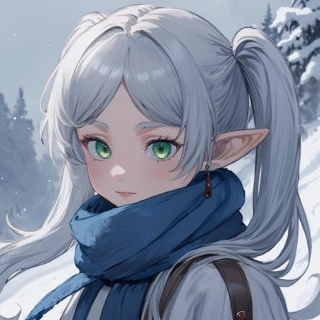 32742-3719605161-Digital art, masterpiece A detailed and cinematic wallpaper, closeup portrait of a girl Frieren standing in snow with blue scarf.png